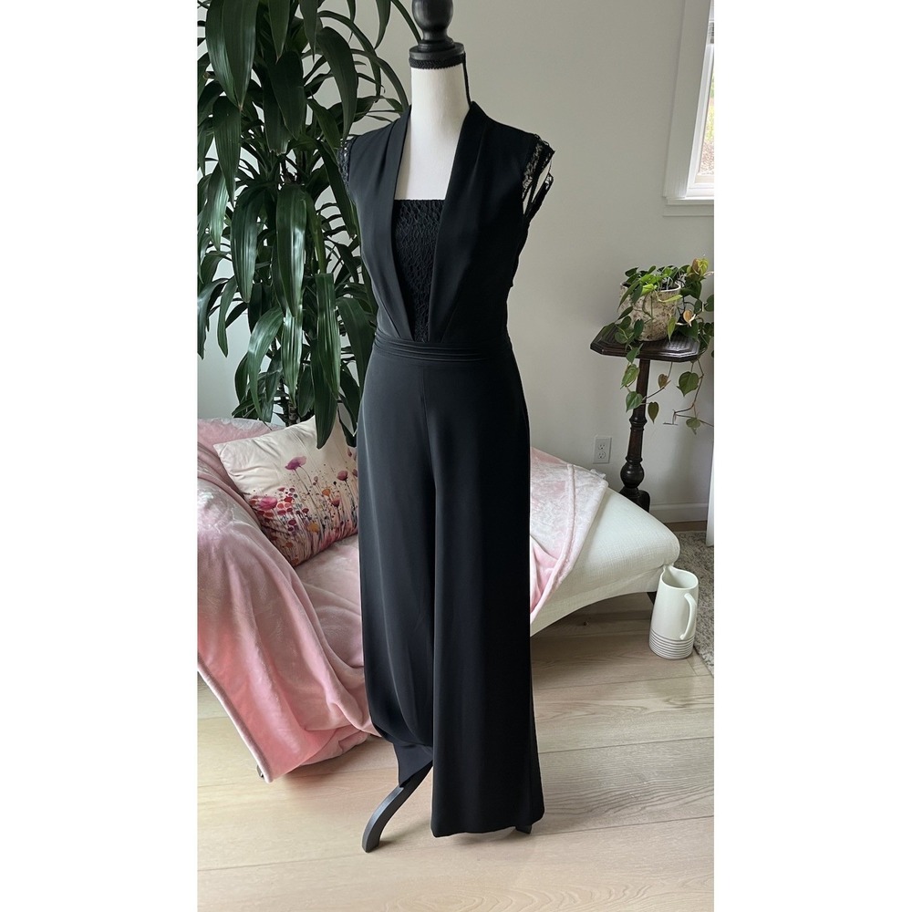 Reiss Jumpsuit Women Size 6 Black Sleeveless Halter Lace Wide Leg Zip Closure